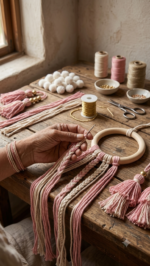Boho Pink Tassel & Pom-Pom Wall Hanging with Wooden Ring - Image 2