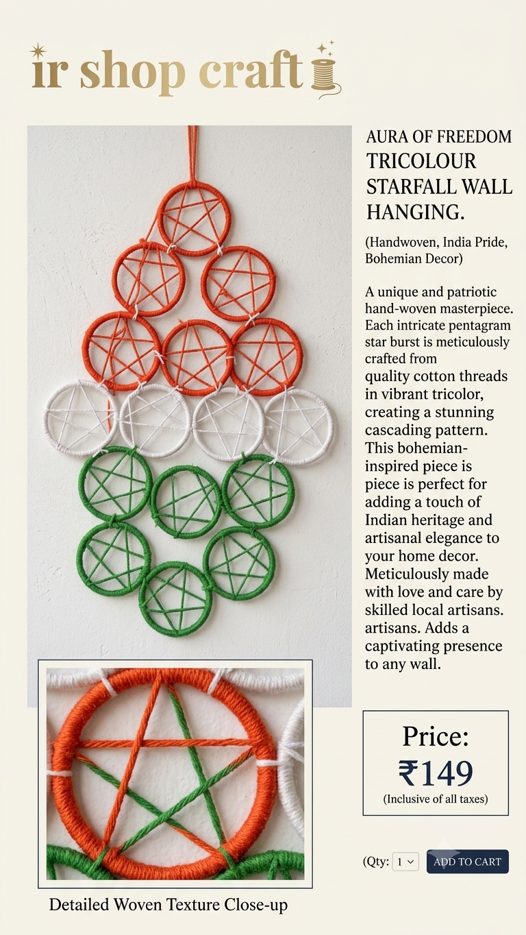 image1 Handwoven Tricolour Starfall Wall Hanging (Bhohemian Patriotic Decor) - Image 1