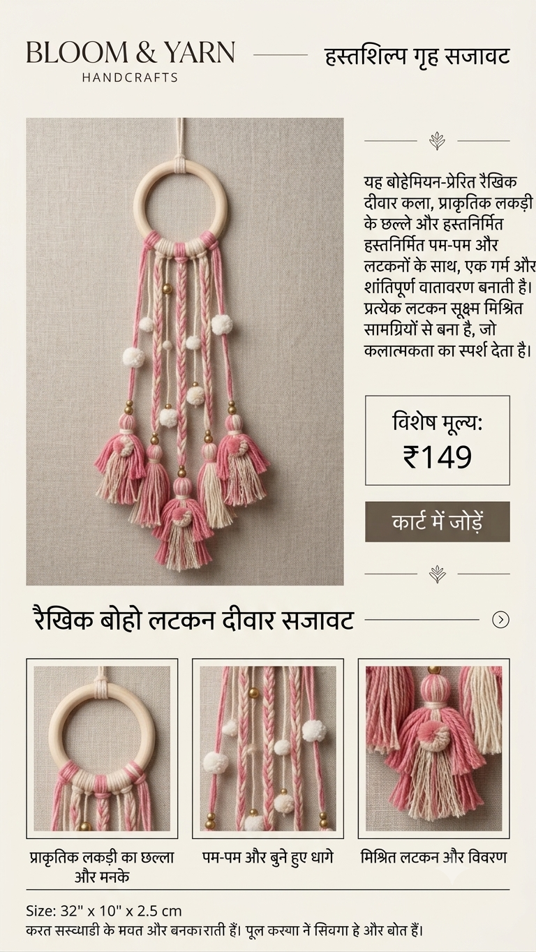 image3 Boho Pink Tassel & Pom-Pom Wall Hanging with Wooden Ring - Image 1