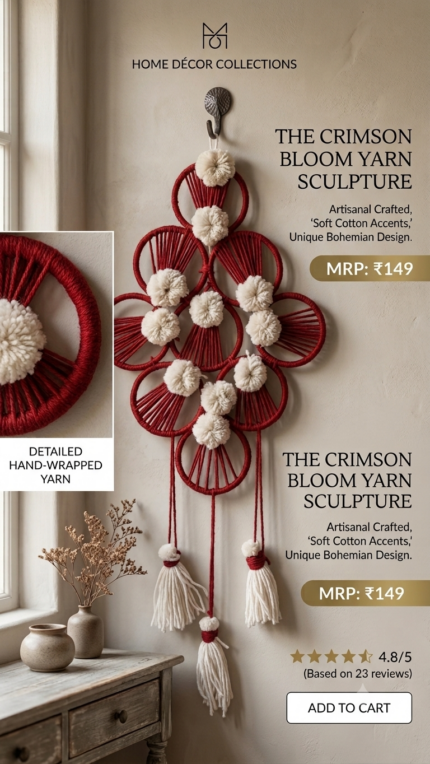 Handcrafted Crimson Bloom Yarn Wall Hanging