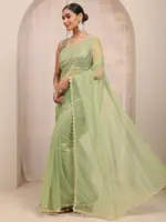Green Embellished Sheen Net Saree With Unstitched Blouse Piece - Image 2