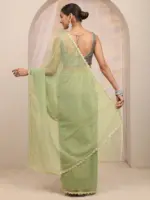 Green Embellished Sheen Net Saree With Unstitched Blouse Piece - Image 3