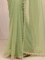 Green Embellished Sheen Net Saree With Unstitched Blouse Piece - Image 4