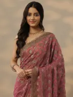 Pink & Blue - Embroidered Banarasi Silk Blend Saree With Unstitched Blouse Piece