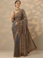 Pink & Blue - Embroidered Banarasi Silk Blend Saree With Unstitched Blouse Piece - Image 7