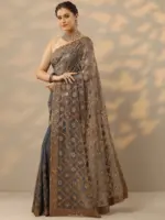 Pink & Blue - Embroidered Banarasi Silk Blend Saree With Unstitched Blouse Piece - Image 6