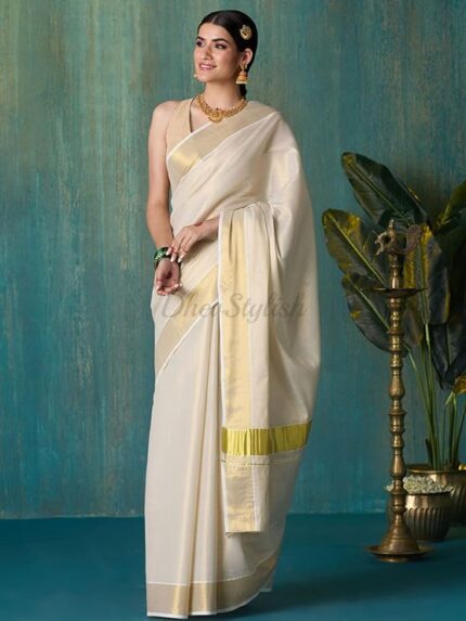 Women's Kerala Kasavu Golden Tissue Plain South Indian Saree with Running Blouse | Saree length: 6.25 Meters | Onam & Wedding saree collections