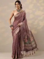 Lavender Printed Cotton Blend Sarees With Unstitched Blouse Piece - Image 3