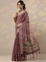 Lavender Printed Cotton Blend Sarees With Unstitched Blouse Piece - Image 2