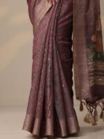 Lavender Printed Cotton Blend Sarees With Unstitched Blouse Piece - Image 4