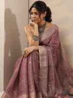 Lavender Printed Cotton Blend Sarees With Unstitched Blouse Piece