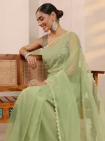 Green Embellished Sheen Net Saree With Unstitched Blouse Piece